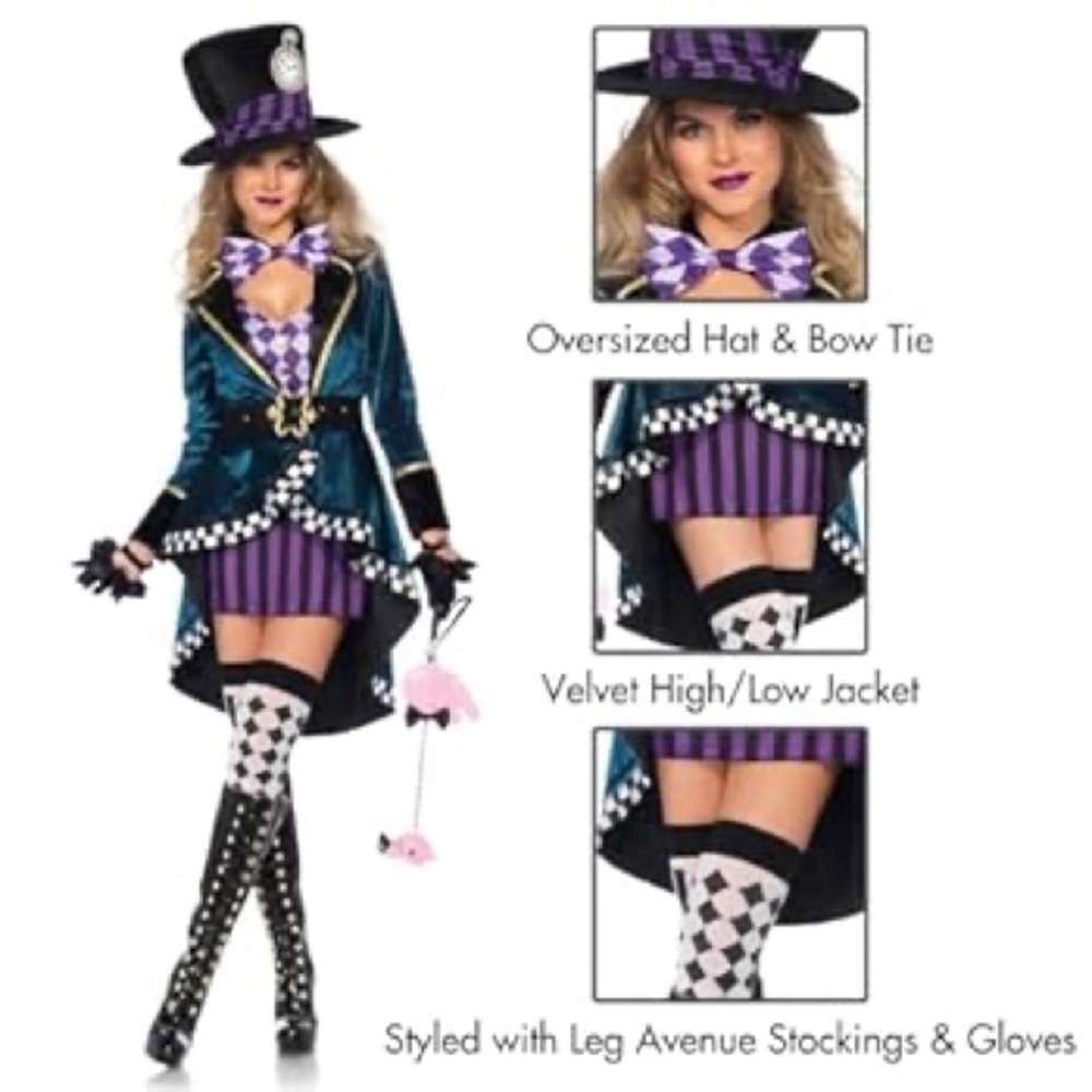 COSTUME WOMANS MAD HATTER LEG AVEMUE DELIGHTFUL HATTER COSTUME BLACK AND PURPLE - Picture 5 of 6